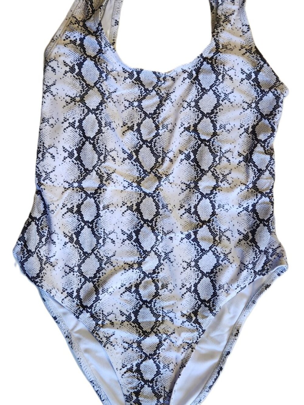 Women's High Cut Low Back Snack Print One Piece Swimsuit - Size M